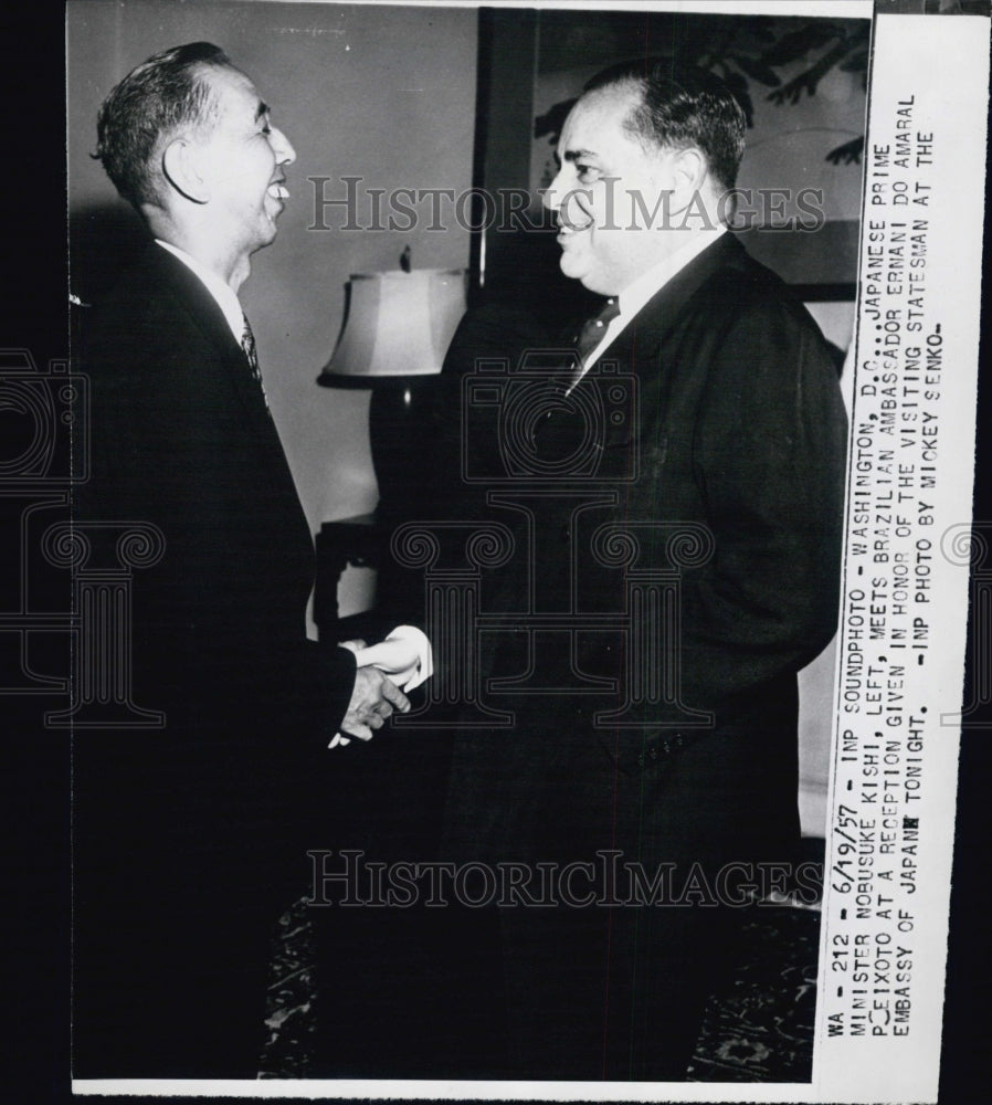 1957 Press Photo Japan's Nobusuke Kishi Meets Brazilian Ambassador  Peixoto - Historic Images