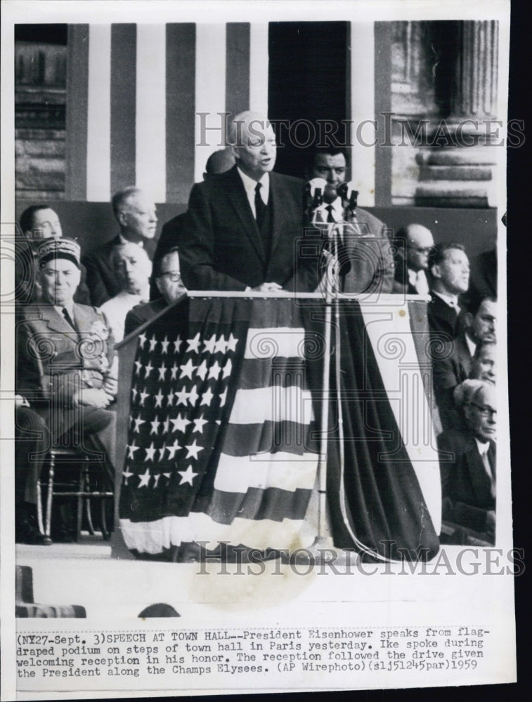 1959 Pres. Eisenhower speaks from flag-draped podium-Historic Images