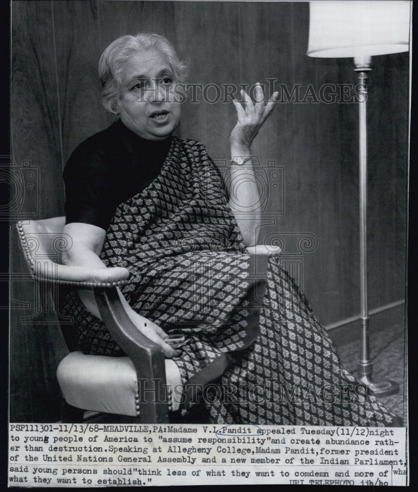 1968 Madam V. L. Pandit, former Pres. of UN Gen. Assembly - Historic Images