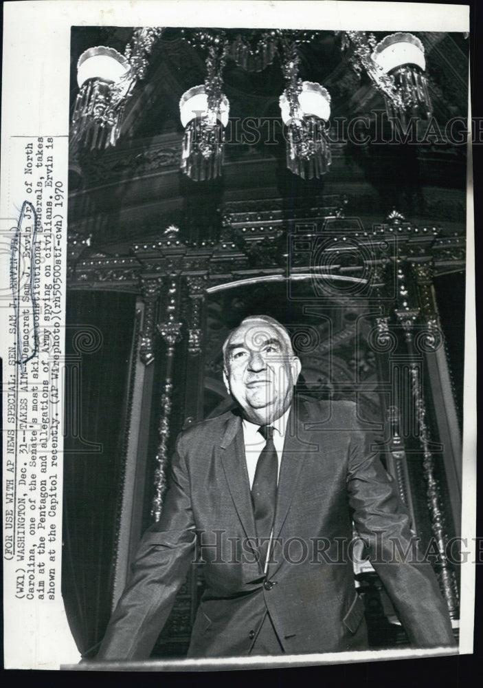 1970 Press Photo Democrat Sam J. Ervin Jr. of NC Fights Army Spying on Civilians - Historic Images