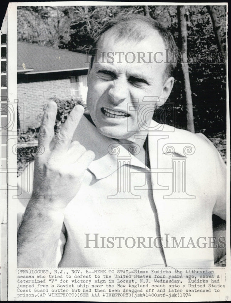 1974 Simas Kudirka shows a "V" sign for victory-Historic Images