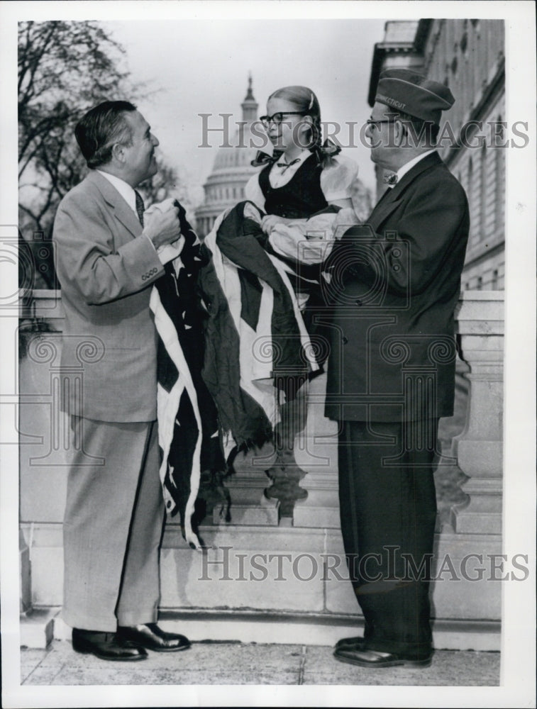 1953 Congressman Albert Morano giving flag to Mary Christine Saleski - Historic Images