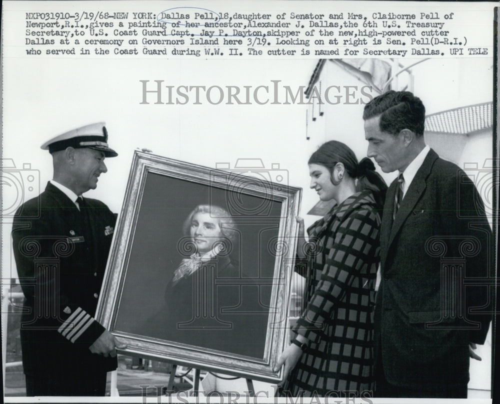 1968 Dallas Pell gives painting to US Coast Guard Capt. Jay Dayton - Historic Images