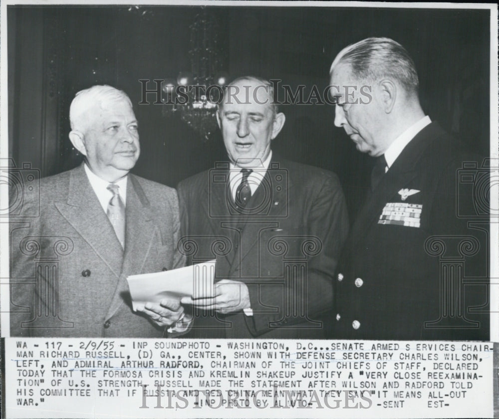 1955 Richard Russell, Adm. Arthur Radford, Defense Sec Harold Wilson - Historic Images