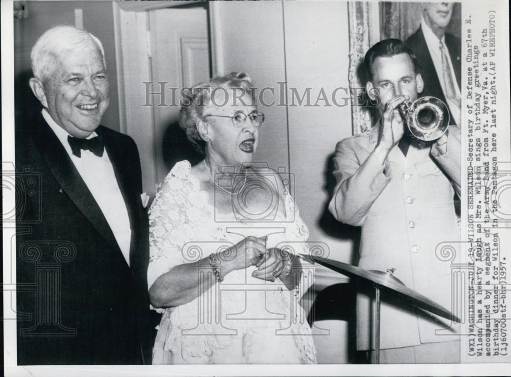 1957 Defense Secretary Charles Wilson & Wife with Trumpet Player - Historic Images