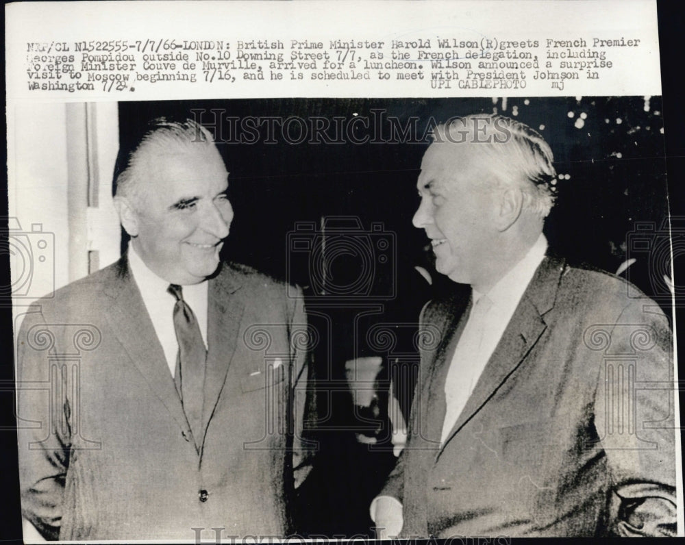 1966 Press Photo British Prime Minister Harold Wilson greets French Premier Geor - Historic Images