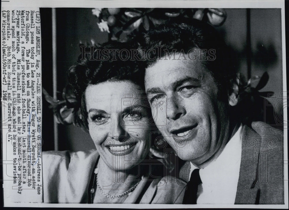 1968 Press Photo Actress Jane Russell Roger Wyatt Berrett Actor engaged - Historic Images