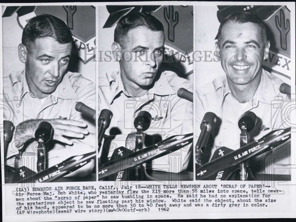 1962 Press Photo Maj. Bob White talks about scrap of paper he saw during flight - Historic Images