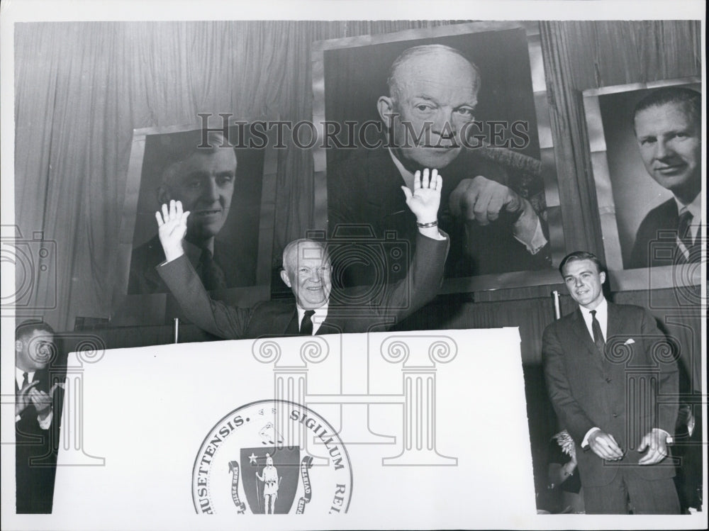 Press Photo President Dwight Eisenhower Raised Arms Commonwealth Armory George - Historic Images