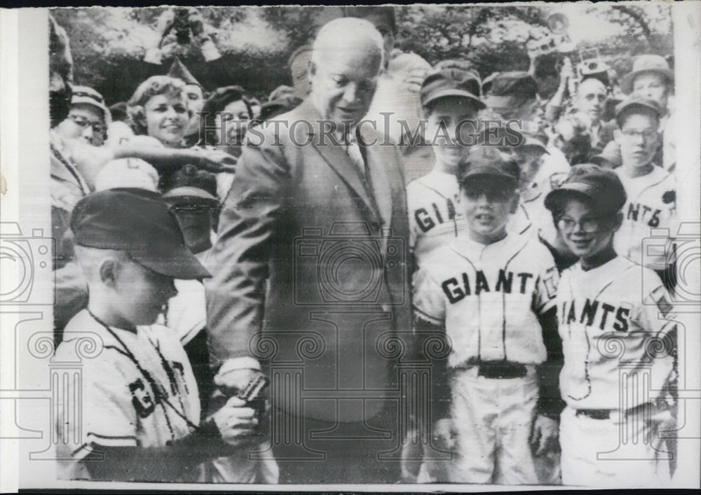 1960 Little Baseball League players gather around Pres.Eisenhower - Historic Images