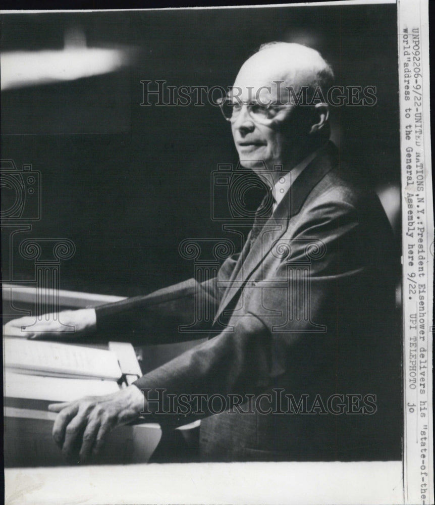 1960 Press Photo President Eisenhower at UN "State Of The World" - Historic Images