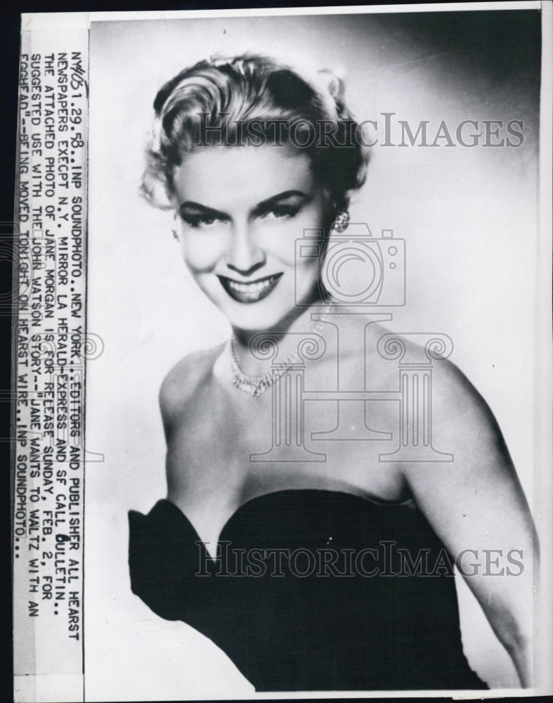 1958 Press PhotoJane Morgan,John Watson Story,Jane Wants to Waltz with an Egghed - Historic Images