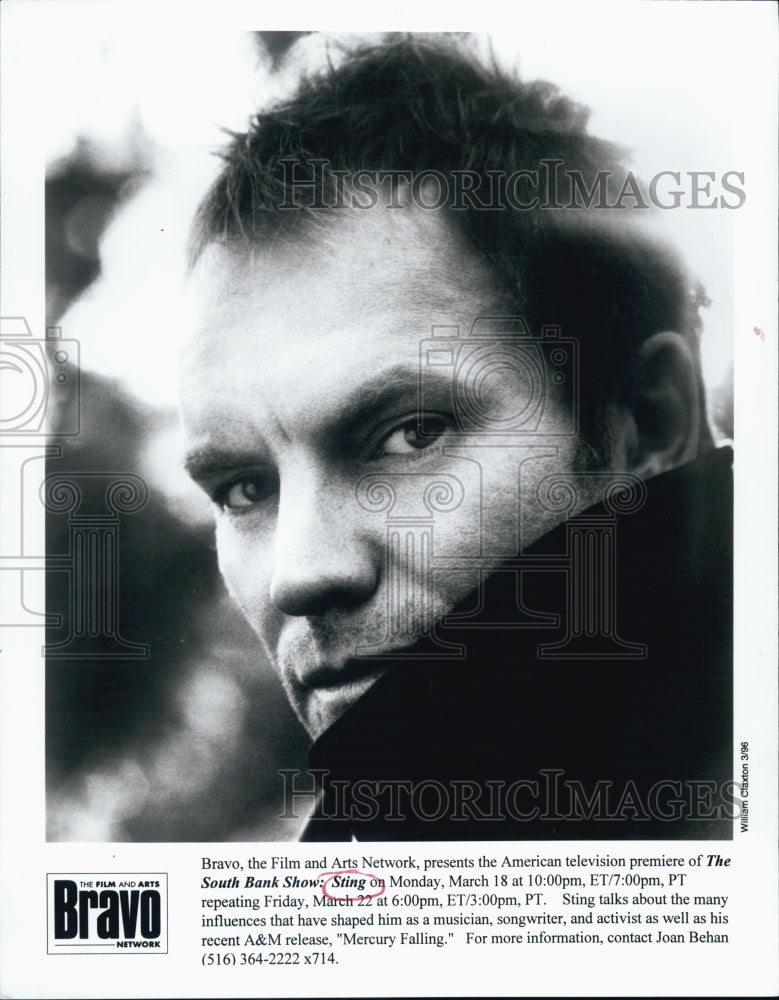 1996 Press Photo Sting on Bravo the Film and Arts Network The South Bank Show Me - Historic Images