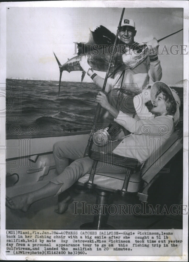 1960 Press Photo Angie Dickinson, Leans Back in Her Fishing Chair - RSH02513 - Historic Images