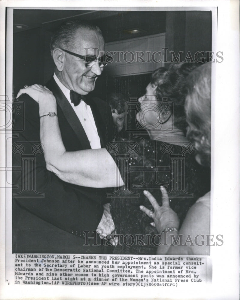 1964 Mrs. India Edwards Thanks President Johnson after he announced-Historic Images