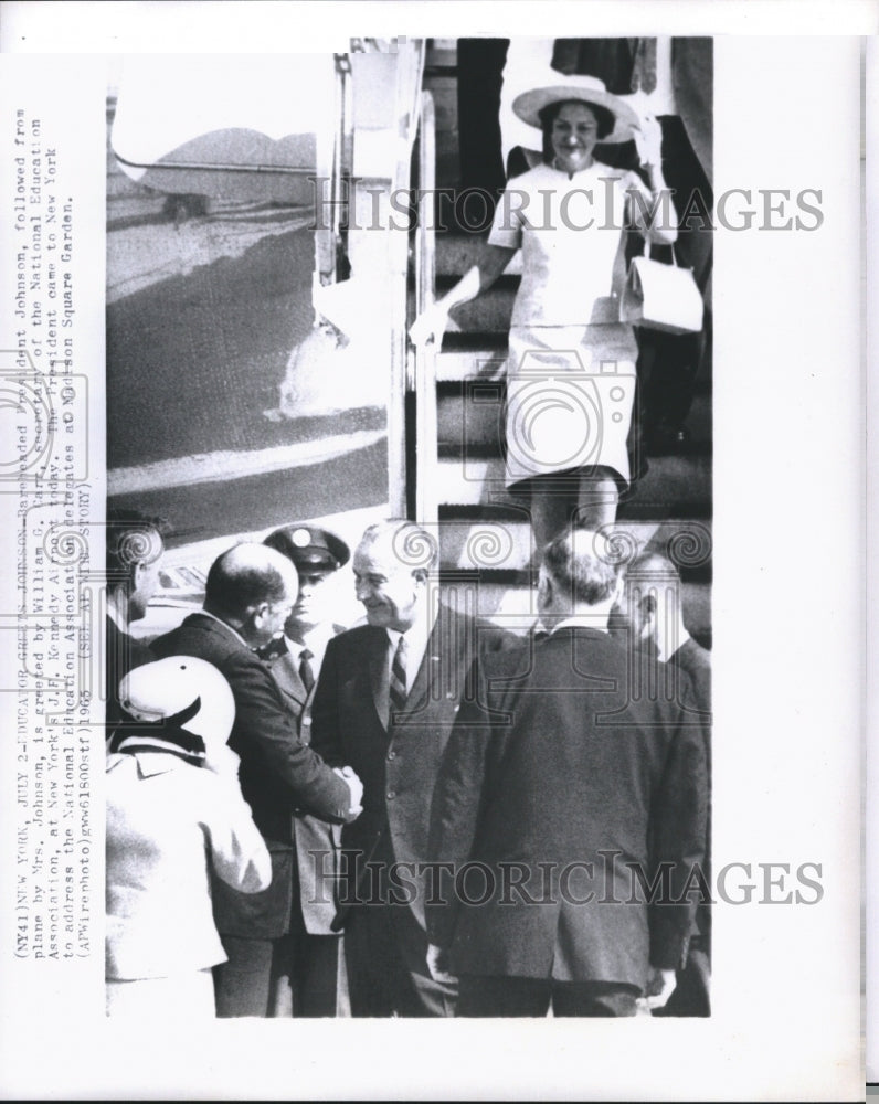 1965 Press Photo President Johnson, Followed From Plane by Mrs. Johnson, Greeted - Historic Images