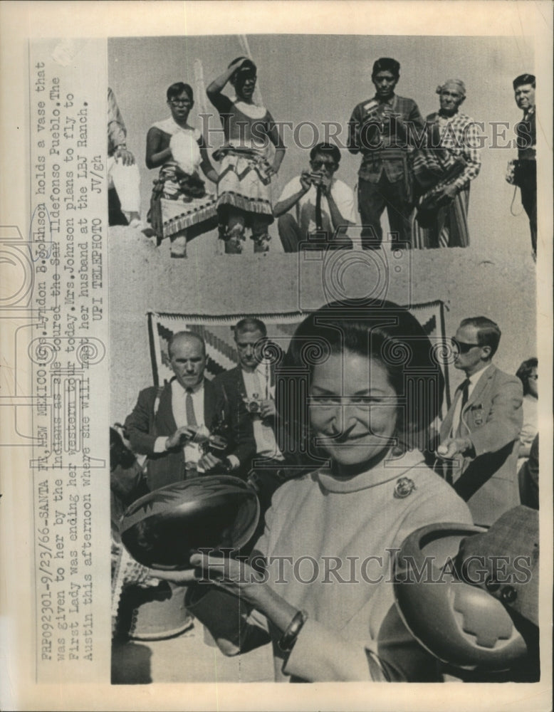 1966 Press Photo Lydon B. Johnson Holds a Vase that Was Given to Her - Historic Images