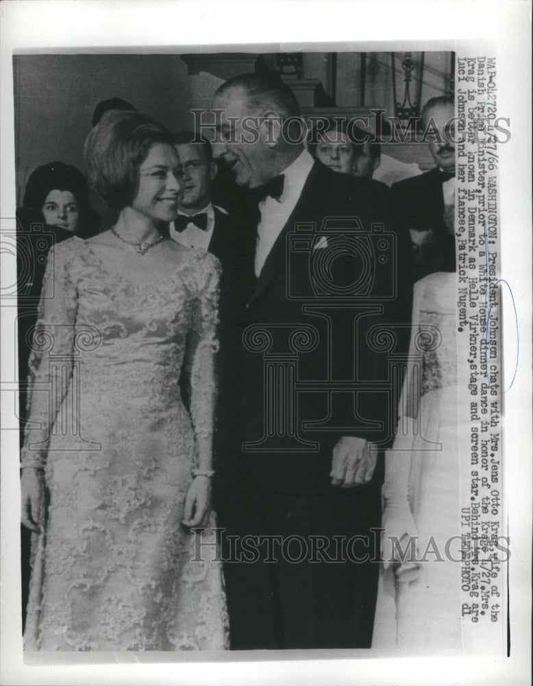 1966 Press Photo President Johnson Chats With Mrs. Jens Otto Krag Wife of Danish - Historic Images