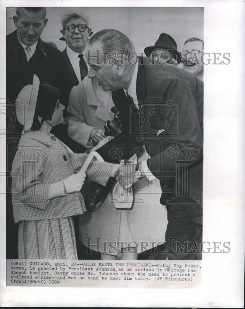 1964 Press Photo Cathy May Baker, Seven, is Greeted by President Johnson Arrives - Historic Images