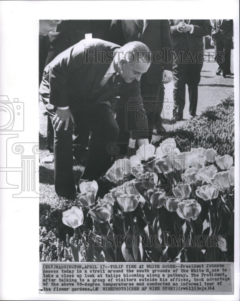 1964 Press Photo President Johnson Pauses Today Stroll Around the South Ground - Historic Images