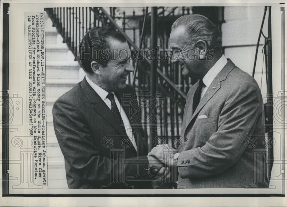 1968 Press Photo President Johnaon Greets President Elect Richard Nixon - Historic Images