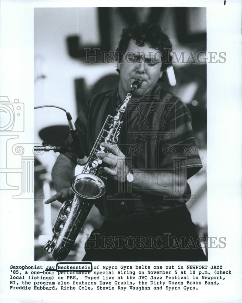 1985 of Spyro Gyra saxophonist Jay Beckenstein on stage at festival-Historic Images