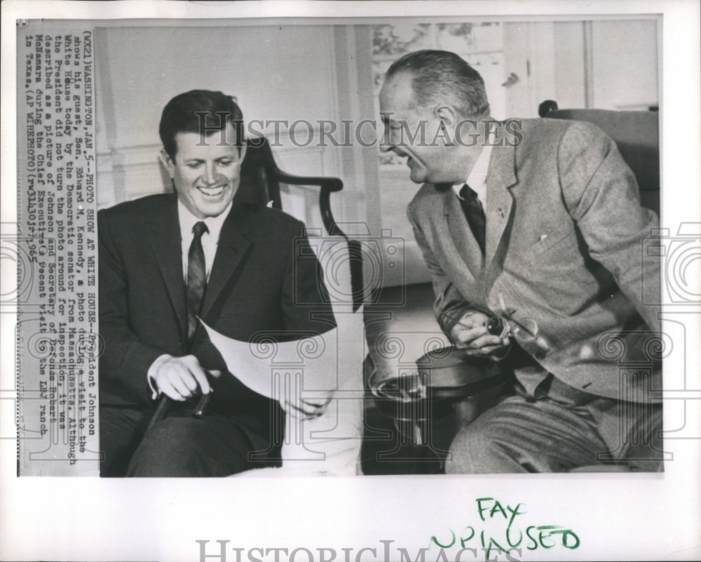 1965 Press Photo President Johnson &amp; Sen. Edward M. Kennedy at White House - Historic Images