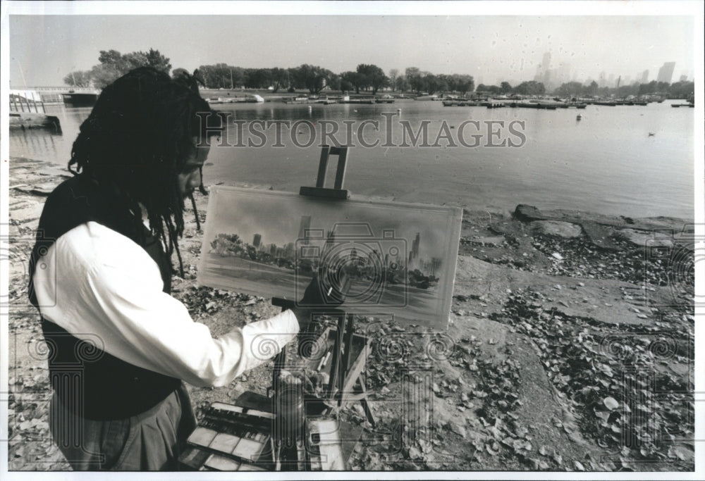 1993 Press Photo Joe Barker Chicago painting Cityscape - Historic Images