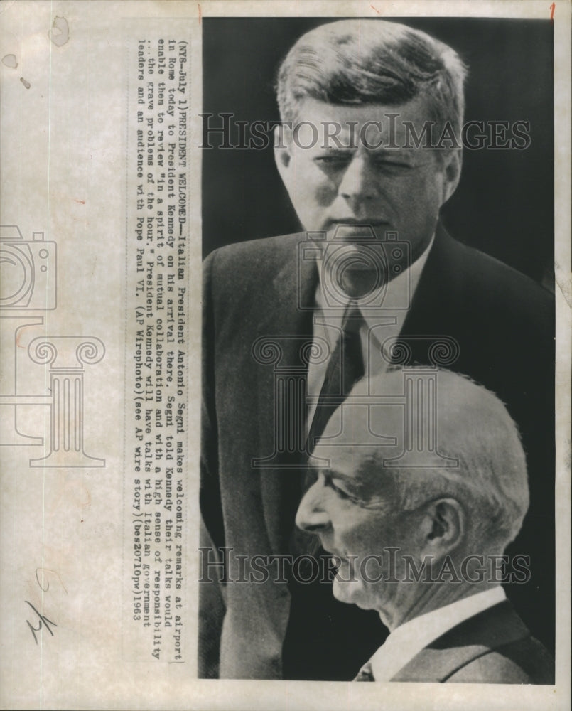 1963 Press Photo Italian President Antonio Segni Welcoming President Kennedy - Historic Images