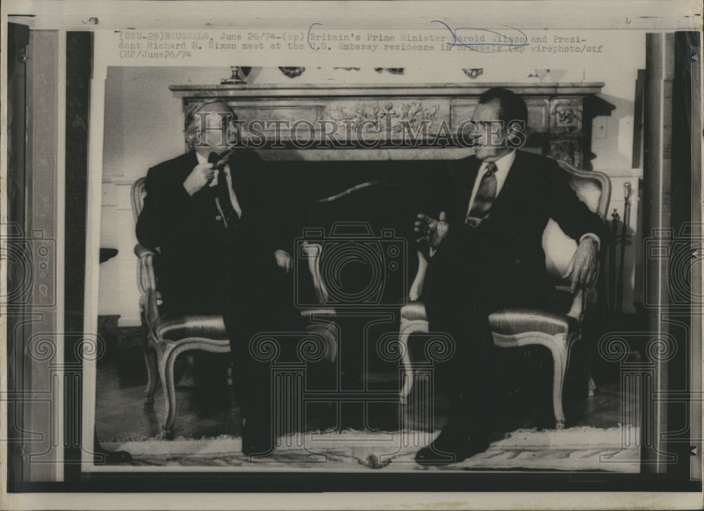 1974 Press Photo President Nixon And British Prime Minister Harold Wilson Meet - Historic Images
