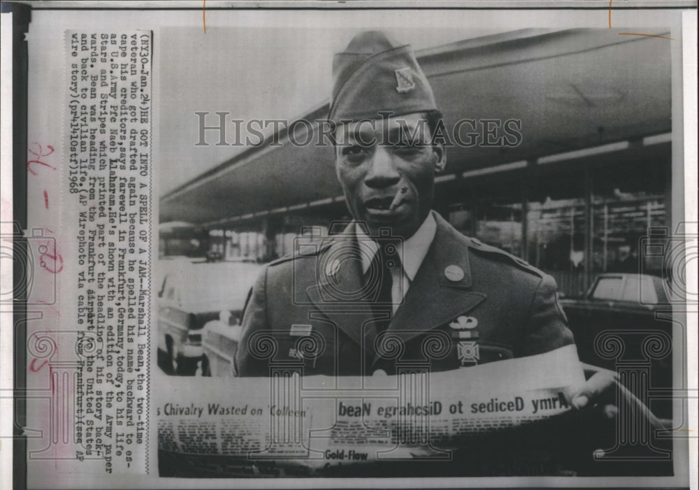 1968 Press Photo Marshall Bean 2 Time Vet Drafted Again For Spelling Name Bckwrd - Historic Images