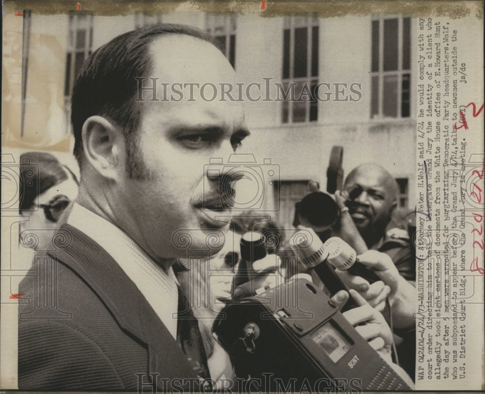 1973 Attorney Peter Wolf speaking to press about the watergate case-Historic Images