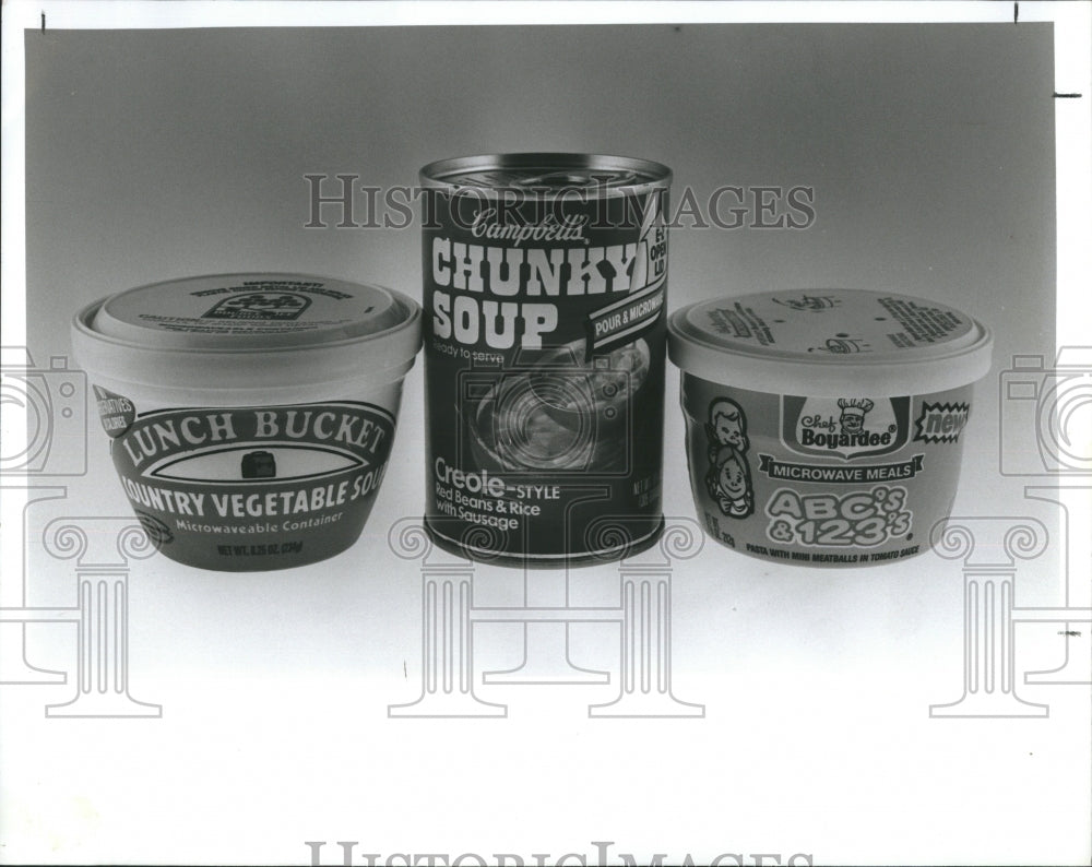 1989 Press Photo Campbell&#39;s Lunch Bucket And Chef Boyardee Microwave Foods - Historic Images