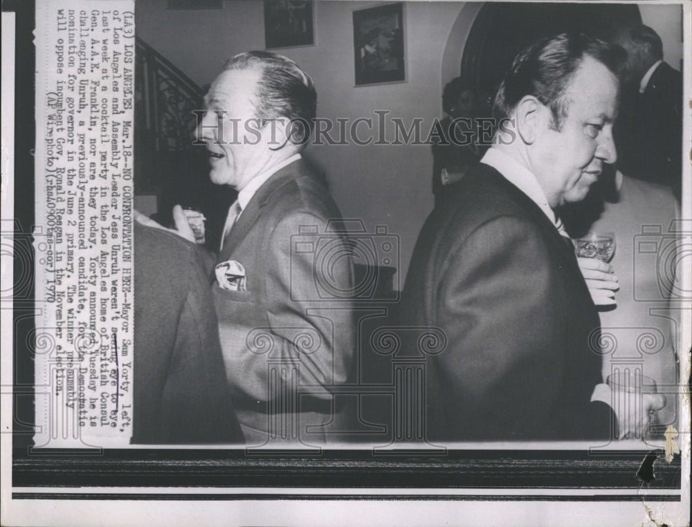 1970 Press Photo LA Mayor Sam Yorty and Assembly Leader Jess Unruh - Historic Images