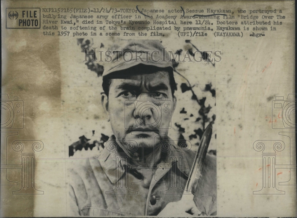1973 Press Photo Sessue Hayakawa stars in "Bridge Over the River Kwai." - Historic Images