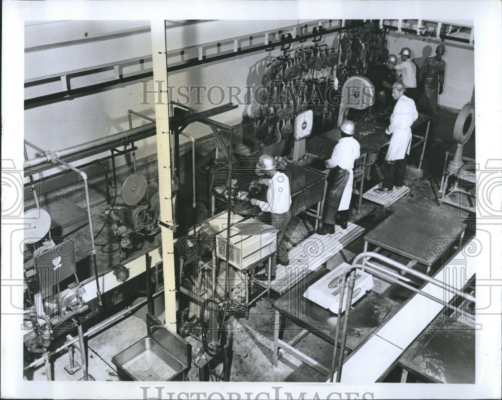 Press Photo Workers Process Meat At Lyke's Beef Manufacturing Plant - RSH09917 - Historic Images