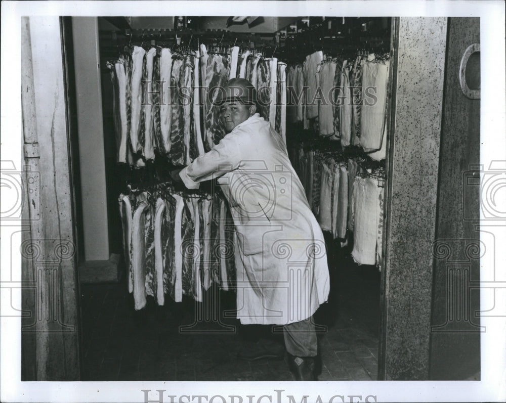 1966 Worker Store Meat At Lyke's Meat Packing Plant-Historic Images