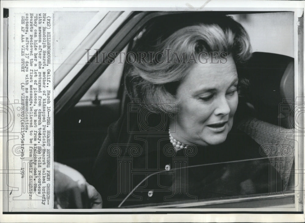 1974 Press Photo of Mrs. Randolph Hearst, mother of kidnapped Patricia - Historic Images