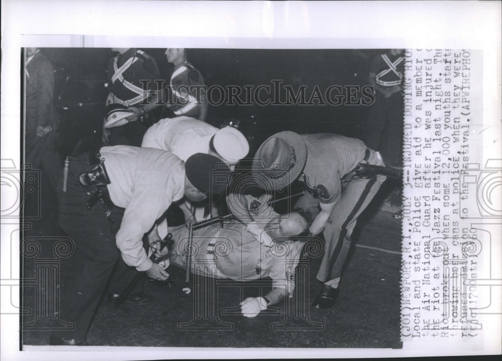 1960 Press Photo AIr Nat&#39;l Guard Injured during New Port RI Rioting AT Jazz Fest - Historic Images