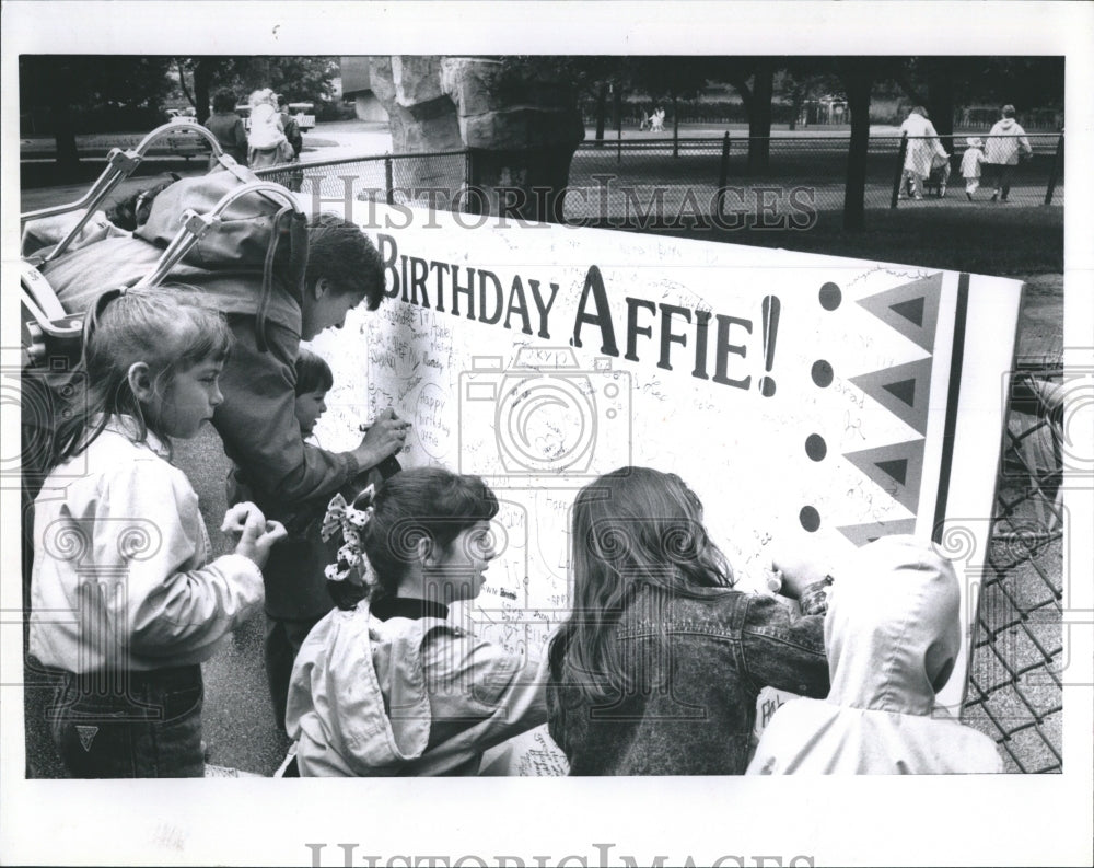 1989 Press Photo Brookfield Zoo Elephant Affie&#39;s Birthday Youths Sign Card - Historic Images