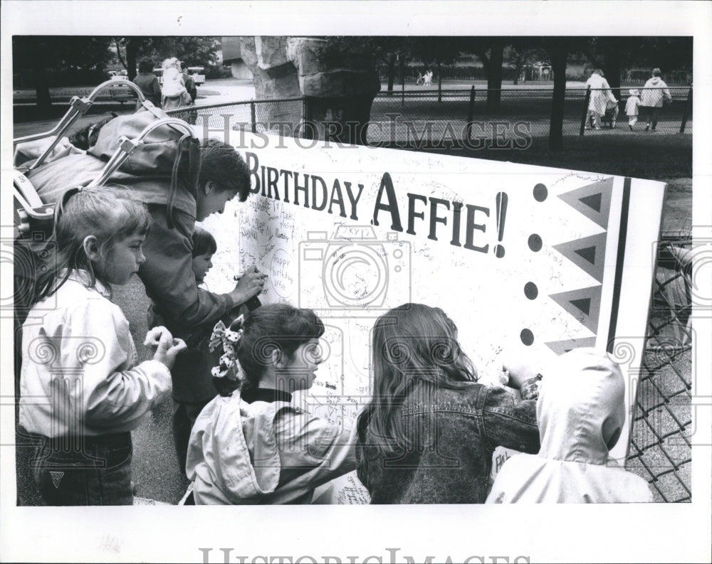 1989 Press Photo Brookfield Zoo Elephant Affie's Birthday Youths Sign Card - Historic Images