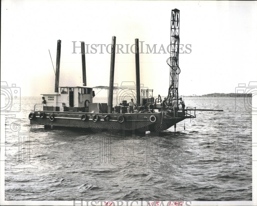 1966 Press Photo Drilling Barge Rig Stilts Seismic Recording Holes - Historic Images