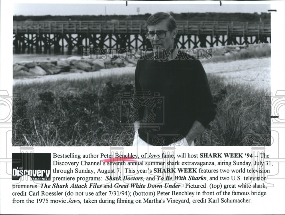 1994 Press Photo Author Peter Benchley  will host Shark week '94 on Discovery - Historic Images