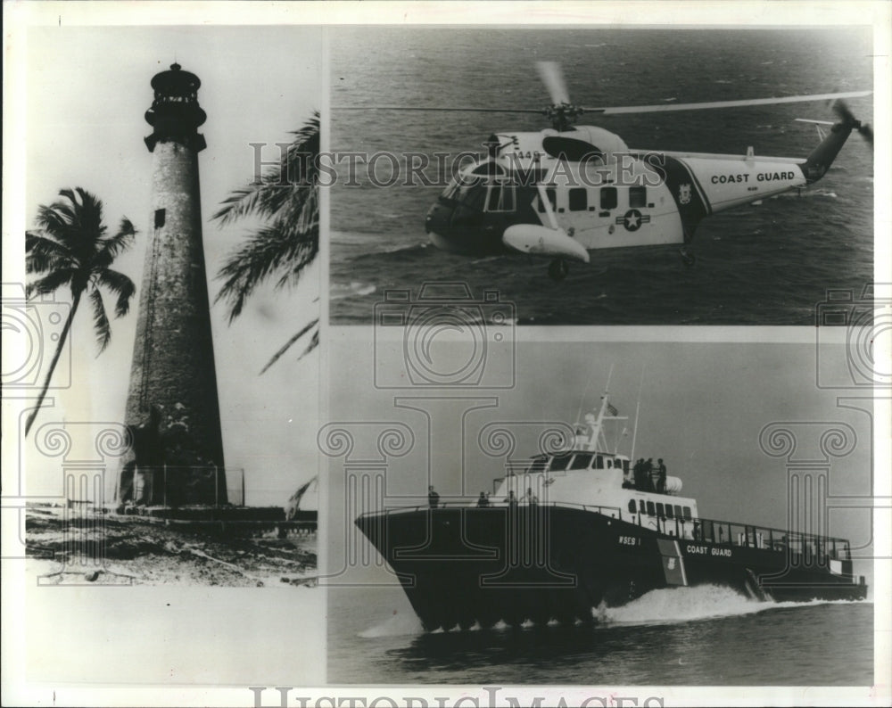 1984 Press Photo US Coast Gurad Ship, Helicopters and Lighthouse. - Historic Images