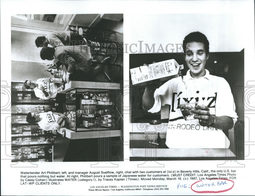 1987 Press Photo Water Bar. Watertender Art Phillibert & August Suellow Manager. - Historic Images
