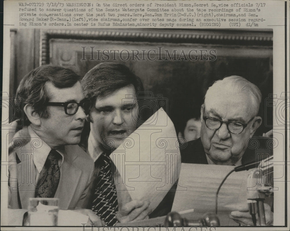 1973 Press Photo Senator Sam Ervin Howard Baker Rufus Edminsten Watergate - Historic Images