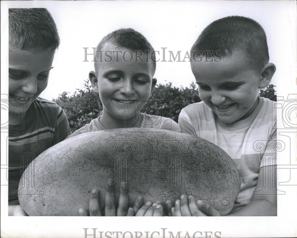 1963 Press Photo Jimmy Clayton, Glenn Stevens, Thomas Stevens with watermelon - Historic Images