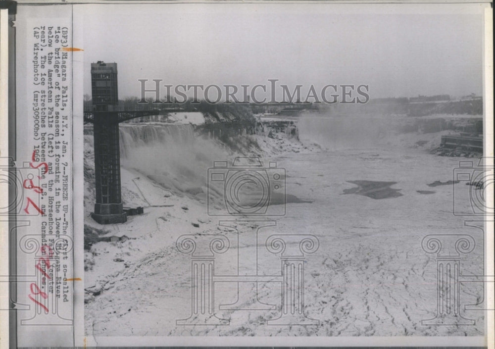1969 Press Photo Niagara Falls, the  first ice bridge of year begins to form. - Historic Images