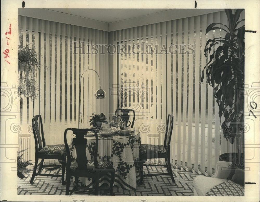 1976 Press Photo Pictured are vertical blinds decorating a window. - Historic Images