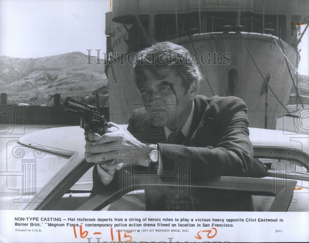 1973 Press Photo Hal Holbrook in &quot;Magnum Force&quot; - RSH11767 - Historic Images